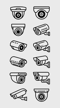Security Cameras Protecting Property: Surveillance System Icons Protecting Home & Business Safety, Crime Prevention, Digital Monitoring Technology, CCTV Equipment, Visual Security, Outline Style, Mini