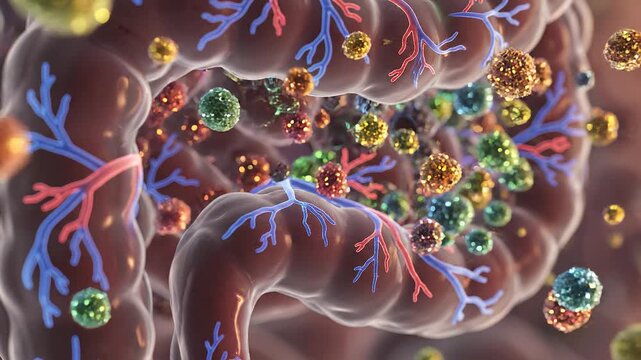 Nutrients being absorbed into the human gut walls with shimmering particles in close up view
