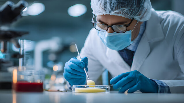 Quality control expert inspecting at food specimen in the laboratory