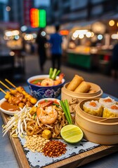 Savory noodle dish with shrimp, satay skewers, and dumplings served outdoors.