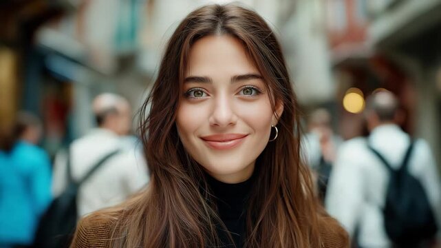Caucasian woman in a relaxed mood smiling to the camera on a city street, natural daylight and urban backdrop capturing carefree lifestyle and modern confidence.