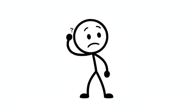 Confused Stick Figure Character Thinking with Question Marks Animation, Hand-Drawn Style Stickman Scratching Head and Looking Worried on White Background, Concept of Doubt, Confusion, and Problem Solv