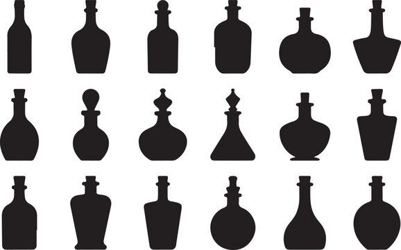 Set of vector funny potion bottle  icon in silhouettes