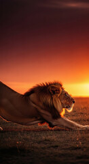 Male Lion Running at Sunset.