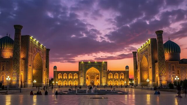 The Registan Square in Samarkand, Uzbekistan, at sunset with illuminated madrasas and fountain