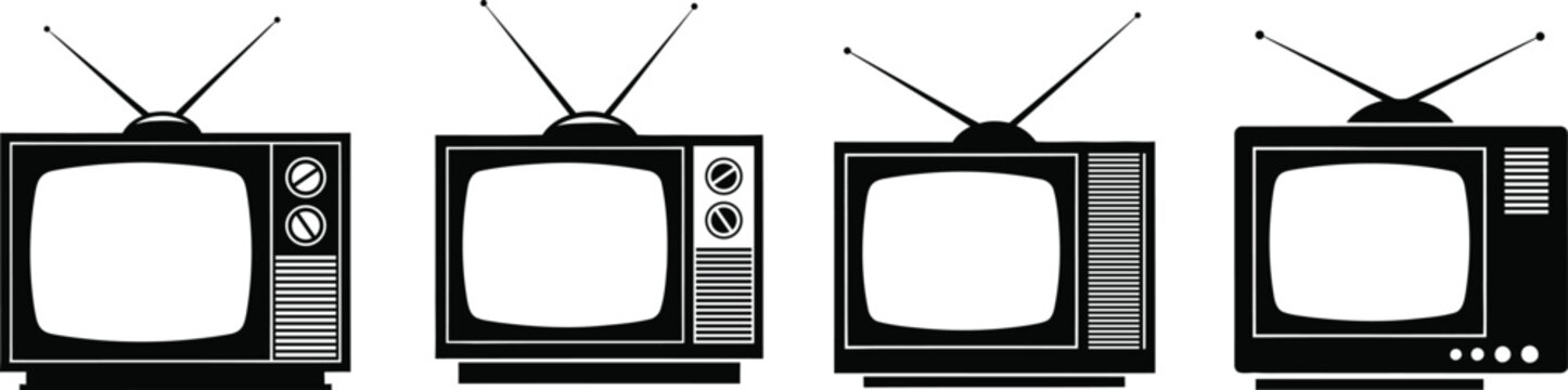 Four old black and white television sets with antennas