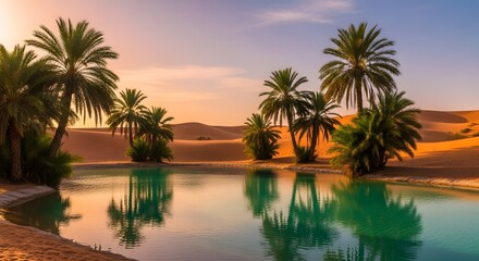 Obraz premium Vibrant palm trees surround a tranquil turquoise oasis pool reflecting the warm hues of a desert sunset.