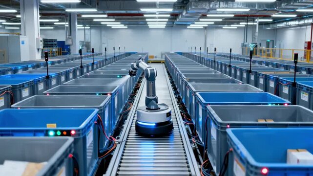 Medium shot of IoTenhanced HVAC warehouse environment highlighting smart bins communicating with automated robotics to streamline inventory sorting and replenishment.