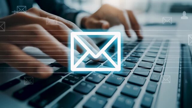 Businessman hand typing on a laptop keyboard with a glowing email icon, email communication, digital message flow, network connection, corporate workspace, modern technology, and data interface.