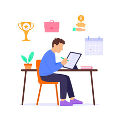 Goal Setting, defining performance objectives for employee, Flat vector character illustration