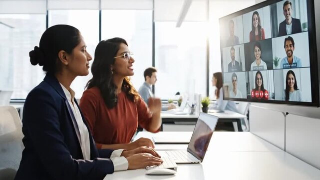 Two women participate in a video call with multiple people on screen in an office setting