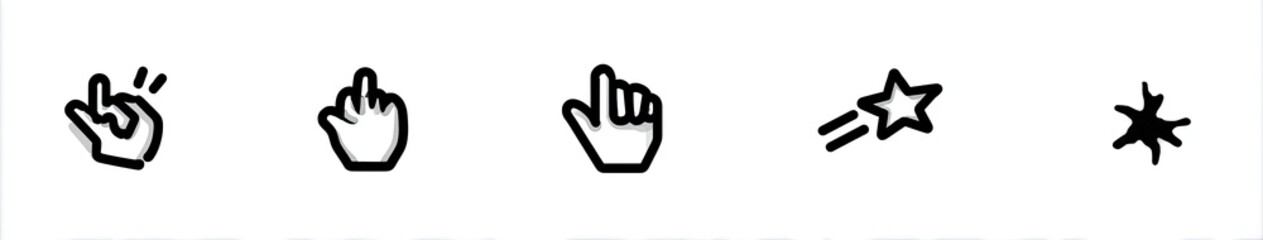 Obraz premium Five simple hand-drawn icons a hand gesture, two pointer fingers, a star, and a spiky shape
