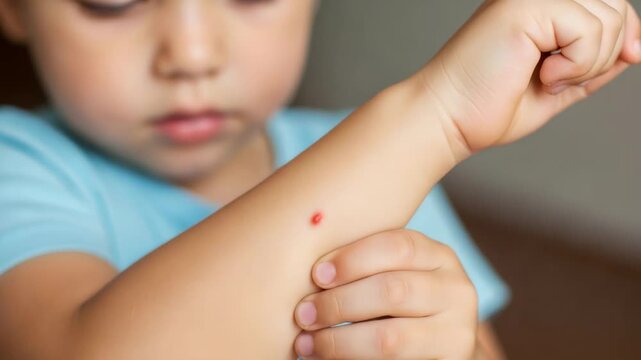 Child looking at an insect bite on his arm, a single red dot from a mosquito or pest activity, skin irritation concept, pest prevention.