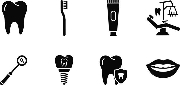 Dental Care and Stomatology Icon Collection Featuring Teeth, Oral Hygiene Tools, and Dentist Equipment Silhouettes