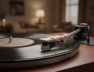 Close-up of vintage vinyl record player needle and stylus