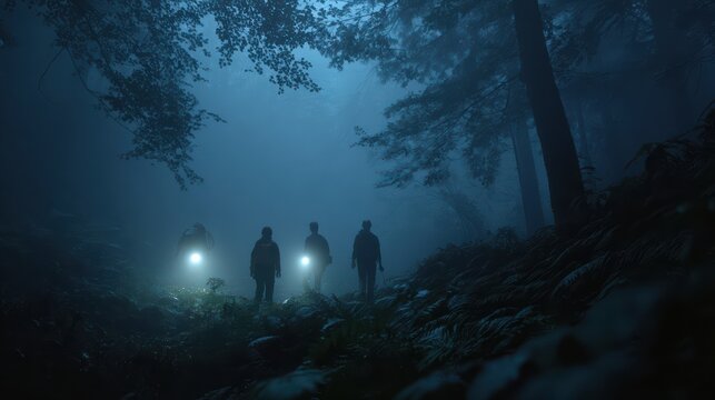 Three people with flashlights walking carefully in forest at night, searching for missing person, misty and mysterious environment 