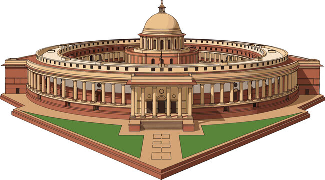 Detailed vector illustration of the Old Parliament House of India building in New Delhi featuring iconic circular architecture