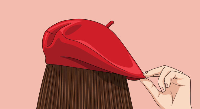 A woman adjusts a red beret on her head, illustration of a fashion moment, close-up view
