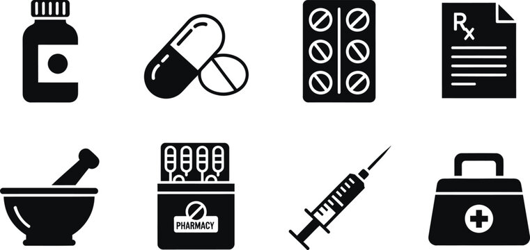 Comprehensive Pharmacy and Healthcare Icon Set Featuring Medication, Prescription, and Medical Tools in Black Silhouette Style