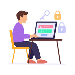 Access Accounts, providing system login credentials securely, Flat vector character illustration