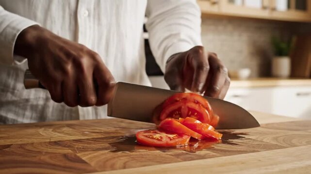 How to chop a tomato in the kitchen while preparing a meal at home