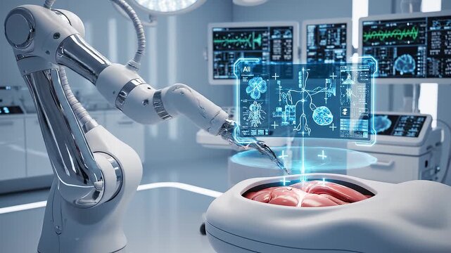 Robotic Arm Assisting in Medical Procedure with Advanced Technology in Modern Hospital Setting from Close-up Viewpoint