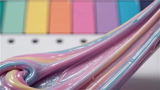 Stretchy slime pastel rainbow texture glossy slime closeup creative slime art swirl pattern pastel color stripe background satisfying slime pull smooth goo detail playful abstract background slime
