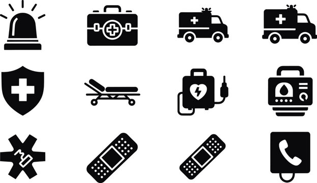 Comprehensive Emergency Medical Response and First Aid Vector Icons: Ambulance, Defibrillator, Stretcher, and Critical Care Glyphs