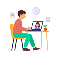 Virtual Meeting, conducting online discussion with partners, Flat vector character illustration