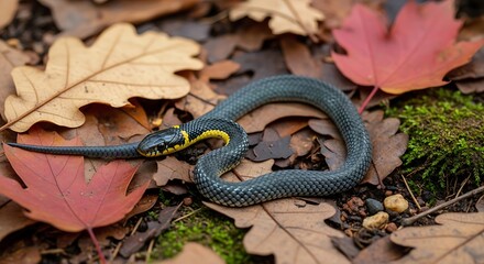 Ring necked snake coiled on forest floor