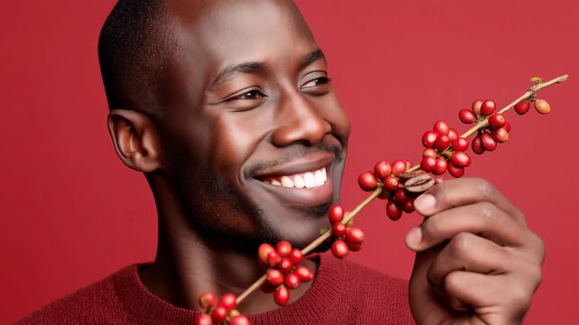 Man experiencing joy with vibrant red berries against red background in closeup sequence