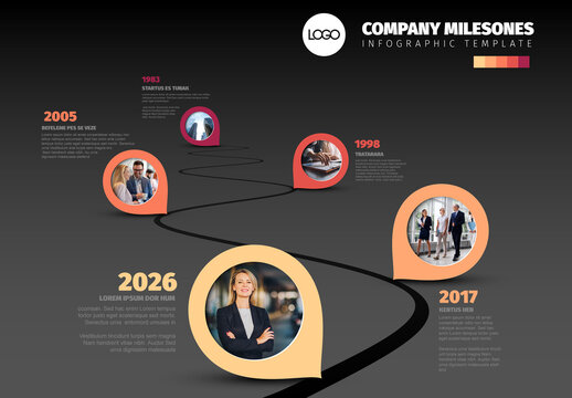 Company Milestones Infographic Template with Curved Timeline and Photo Placeholder