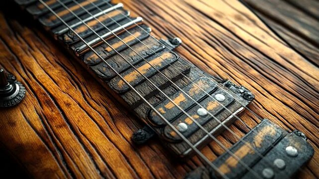 Close-up of a vintage guitar's fretboard showcasing intricate wood grain