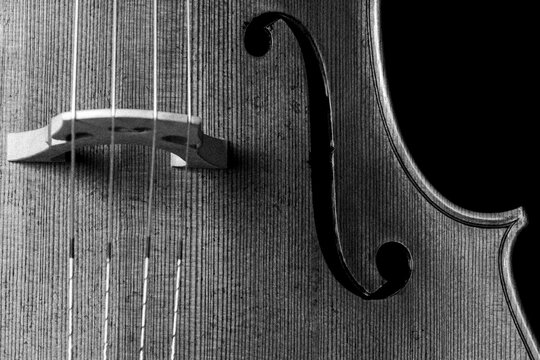 Nahaufnahme von einem Cello mit f-Loch in schwarz-wei&szlig;
