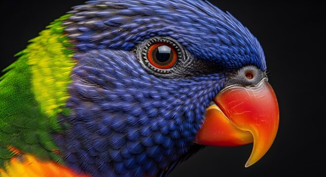 Detailed close-up profile of a vibrant rainbow lorikeet parrot with colorful feathers and a bright beak.