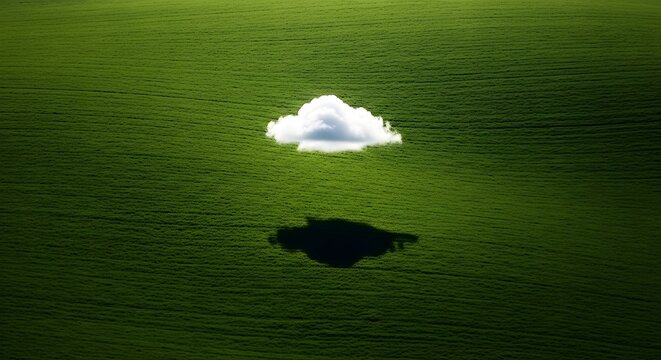 A single white cloud casts a dark shadow on a vast, vibrant green field under a clear sky.