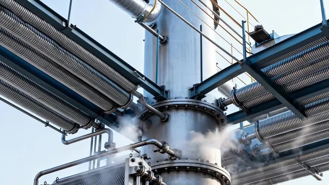 Medium shot of a compact deodorization column tower with steam stripping trays emphasizing the condensed design and intricate overhead condensers in an industrial refining process.
