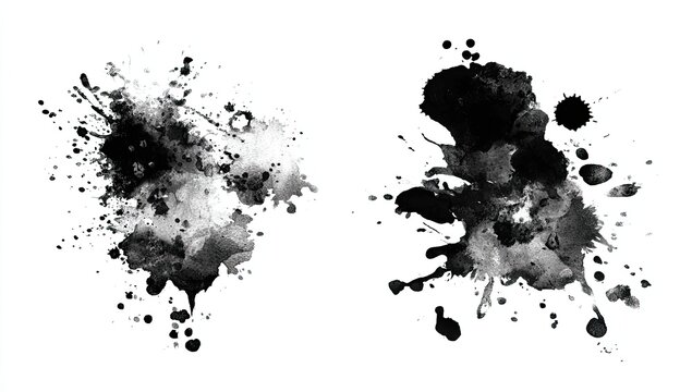 Two abstract black ink blots with splatters and watercolor effects on a white background