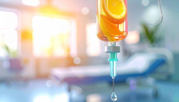 IV Drip Vitamin Therapy with Orange Slices in Hospital Ward, Wellness and Immunity Boost