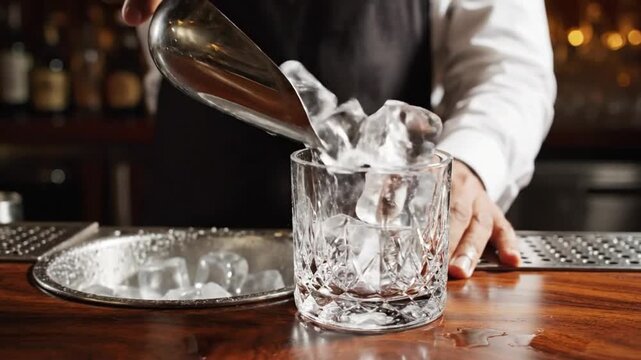 Bartender prepares ice for drink at bar with glass and tools in busy city during night hours