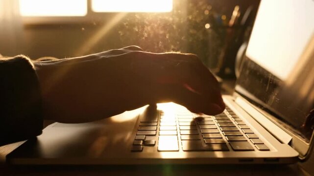 Hands typing on a laptop in a well-lit room during the evening hours with sunlight coming through the window