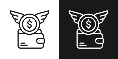 Flying Wallet Icon In Black And White Line Style