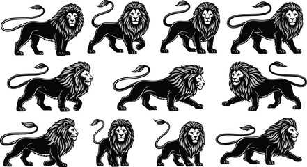 Heraldic lion vector illustration collection featuring twelve unique black silhouettes with stylized mane, posture, and tail variations © Rounok
