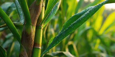 Fototapeta premium The bamboo leaves glistening with morning dew in sunlit tropical green garden