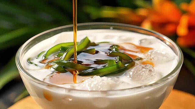 Authentic Indonesian Es Cendol with Coconut Milk and Palm Sugar Close Up