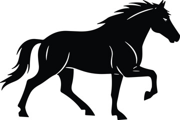 Horse silhouette illustration, dynamic trotting pose with flowing mane and tail, black vector design for nature, animal, equestrian artwork © Rounok