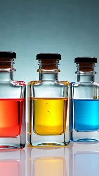 Glass bottle laboratory experiment with blue liquid and yellow liquid reflection, chemistry science closeup transparent glass bottle essential oil neurodivergent creativity balance wellness mood