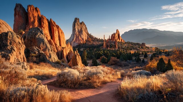 Sunlit red sandstone spires at Garden of the Gods Park under a clear Colorado sky