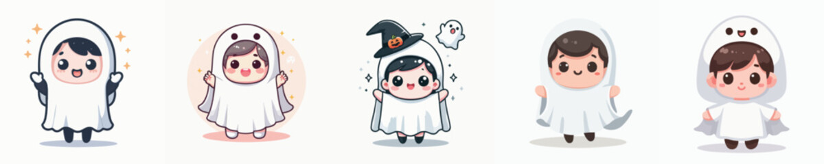 Obraz premium Cute Cartoon Character in Various Ghost Costume for Halloween Celebration Icon