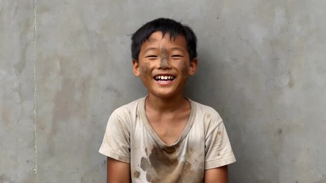 Picture of a boy smiling with mud on his face